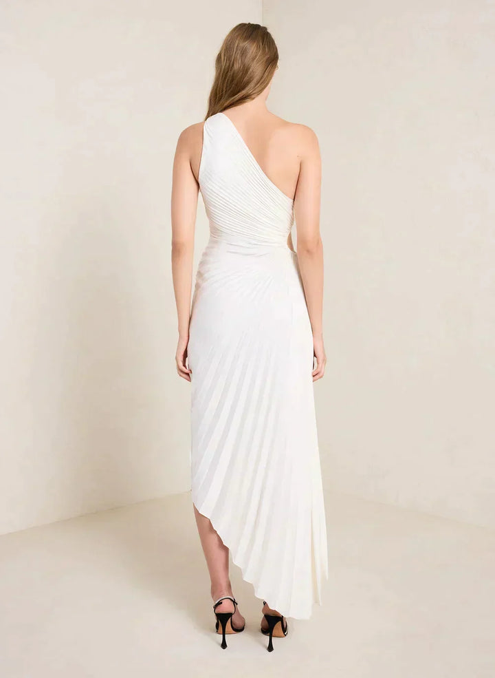 Women's formal asymmetrical pleated midi dress, perfect for glamorous events.