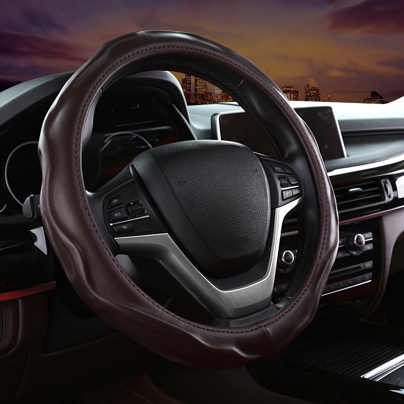 PU leather steering wheel cover installed on a car, showcasing its universal non-slip grip & driving comfort.