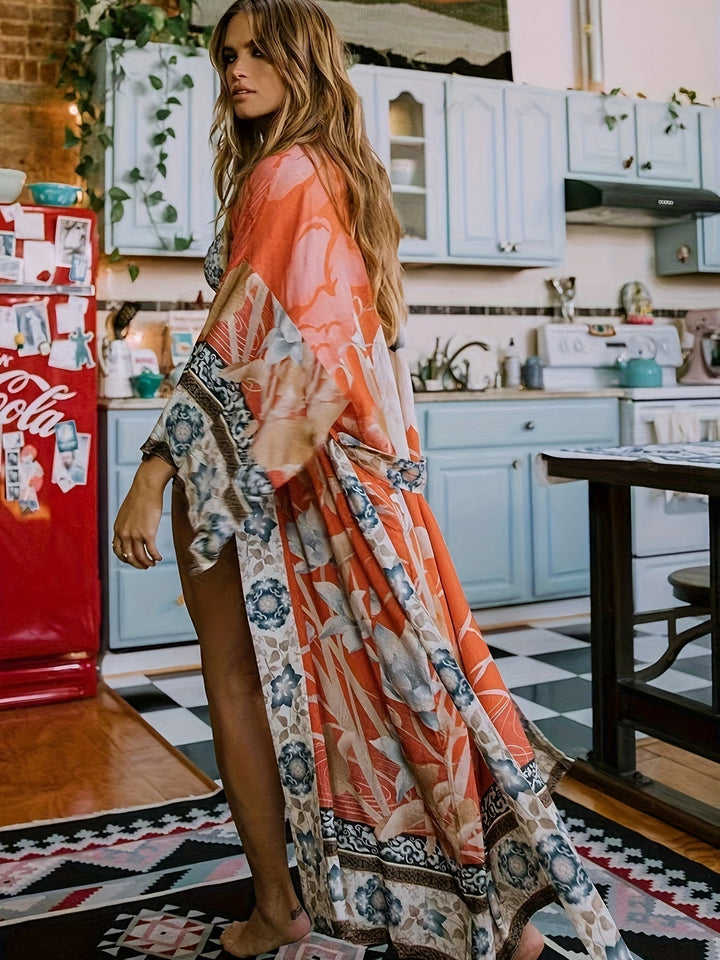 Stylish women's floral print kimono cardigan, versatile outerwear and a must-have for modern fashion.