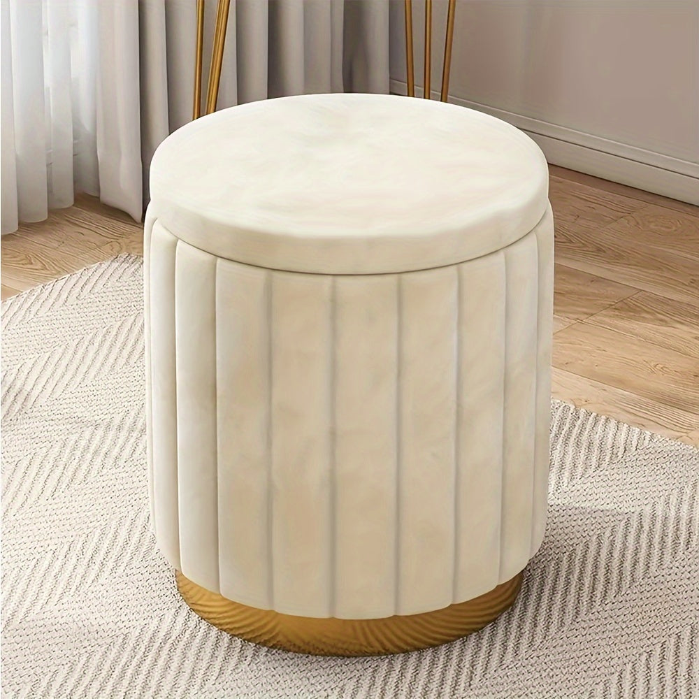 Nordic chic round pouf, upholstered with mirrored base for stylish storage.