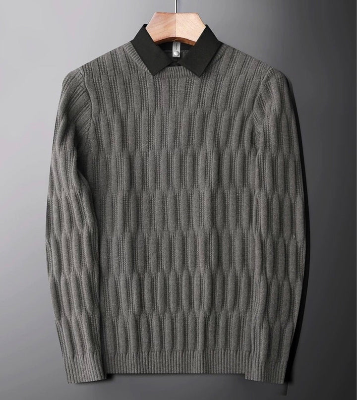 Grey men's ribbed knit polo collar sweater, classic fit, versatile long sleeve top for casual wear.