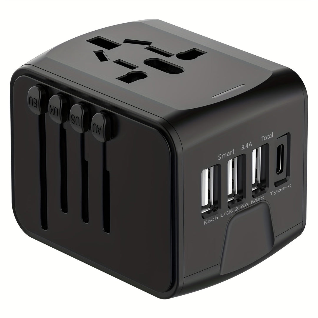 Sleek universal travel adapter with 4 USB & Type-C. Fast worldwide charger for convenient travel.