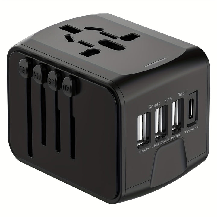 Sleek universal travel adapter with 4 USB & Type-C. Fast worldwide charger for convenient travel.