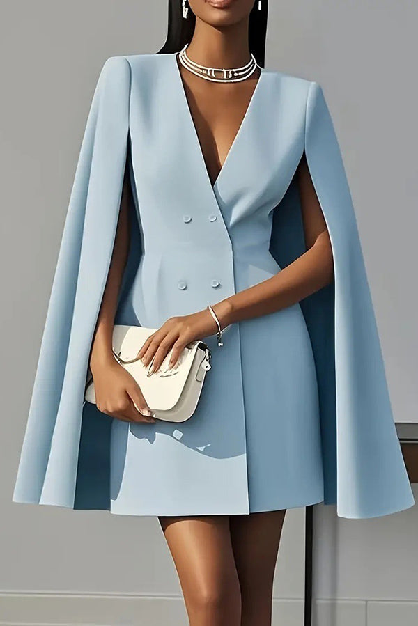 Elegant women's V-neck double-breasted cape mini dress for formal events & parties. Chic occasion wear.