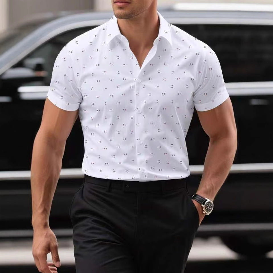 Men's stylish short-sleeve button-front shirt with a unique print, perfect for casual or smart-casual wear.