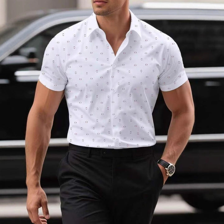Men's stylish short-sleeve button-front shirt with a unique print, perfect for casual or smart-casual wear.