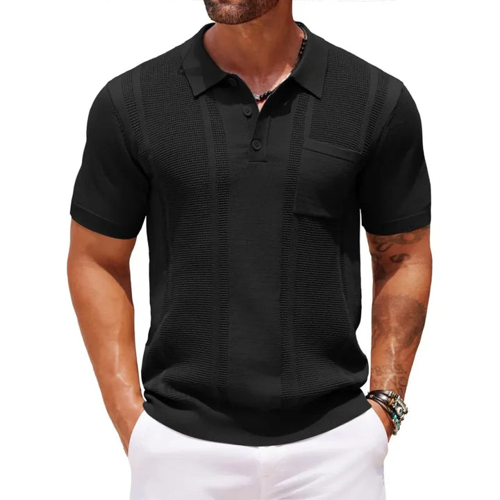 Model wearing a men's smart casual textured fine knit polo shirt, perfect for versatile everyday and office wear.