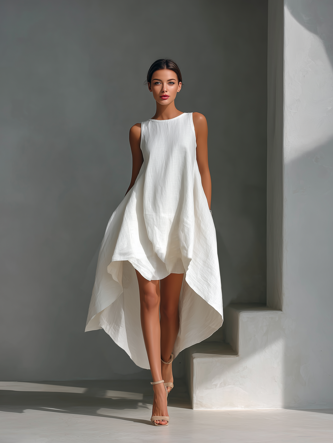 Elegant sleeveless midi dress for women featuring a stylish asymmetric hem & round neck.