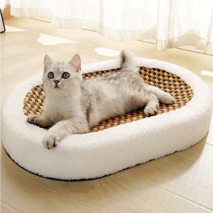 Premium cat bed with integrated scratching surface for feline comfort and play, a durable pet accessory.