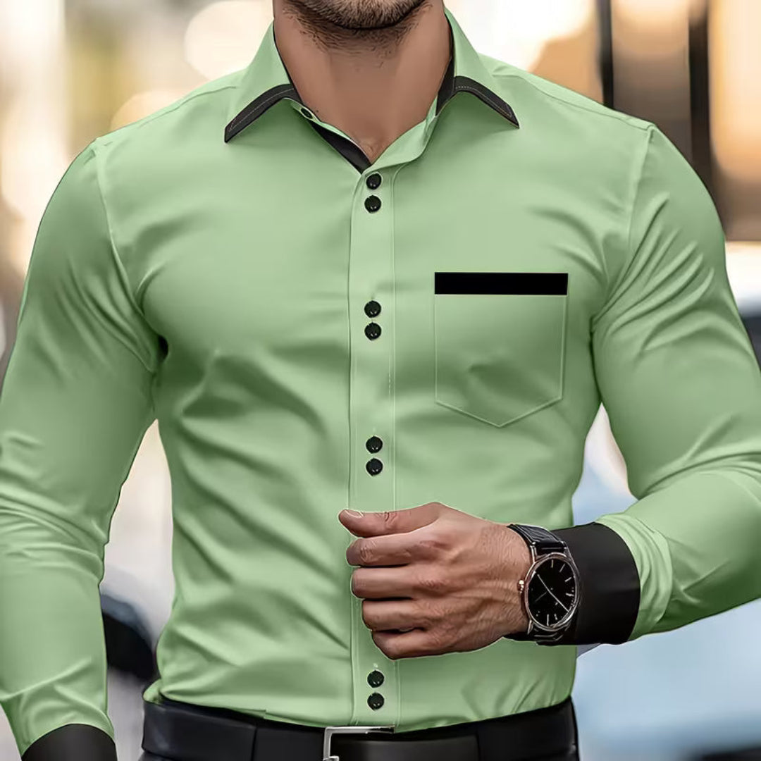 Versatile men's classic collared button shirt, ideal for elegant dress, office, or sophisticated smart casual looks.