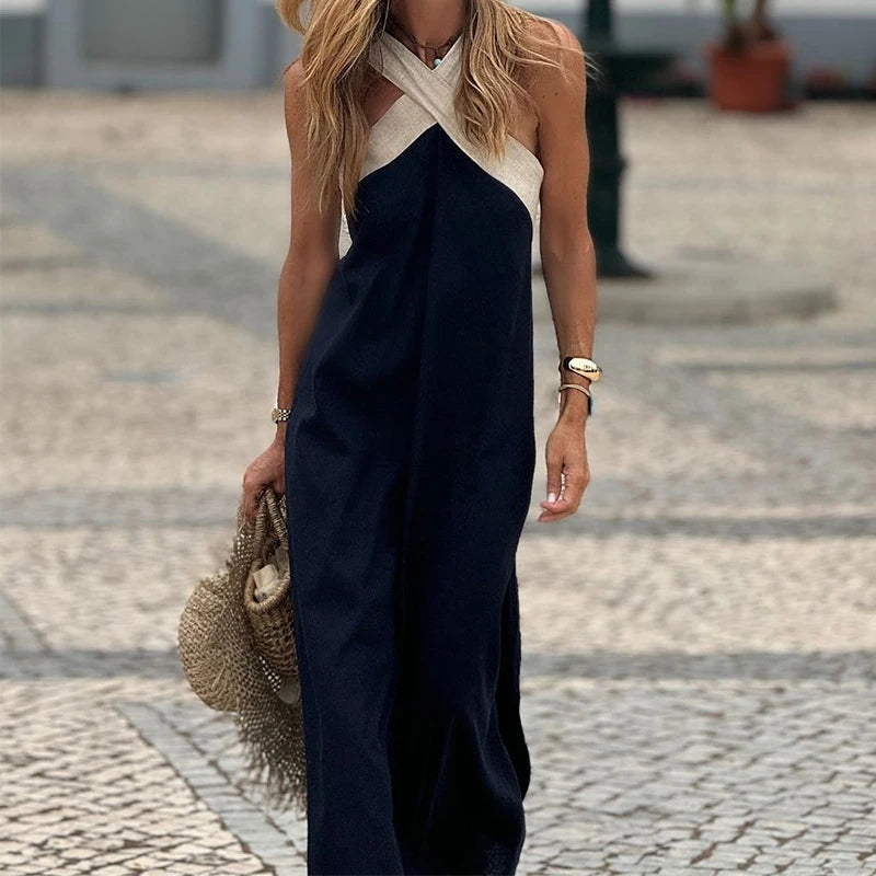Chic women's cross neck maxi dress. Elegant, sleeveless, and long, ideal for special occasion & formal wear.