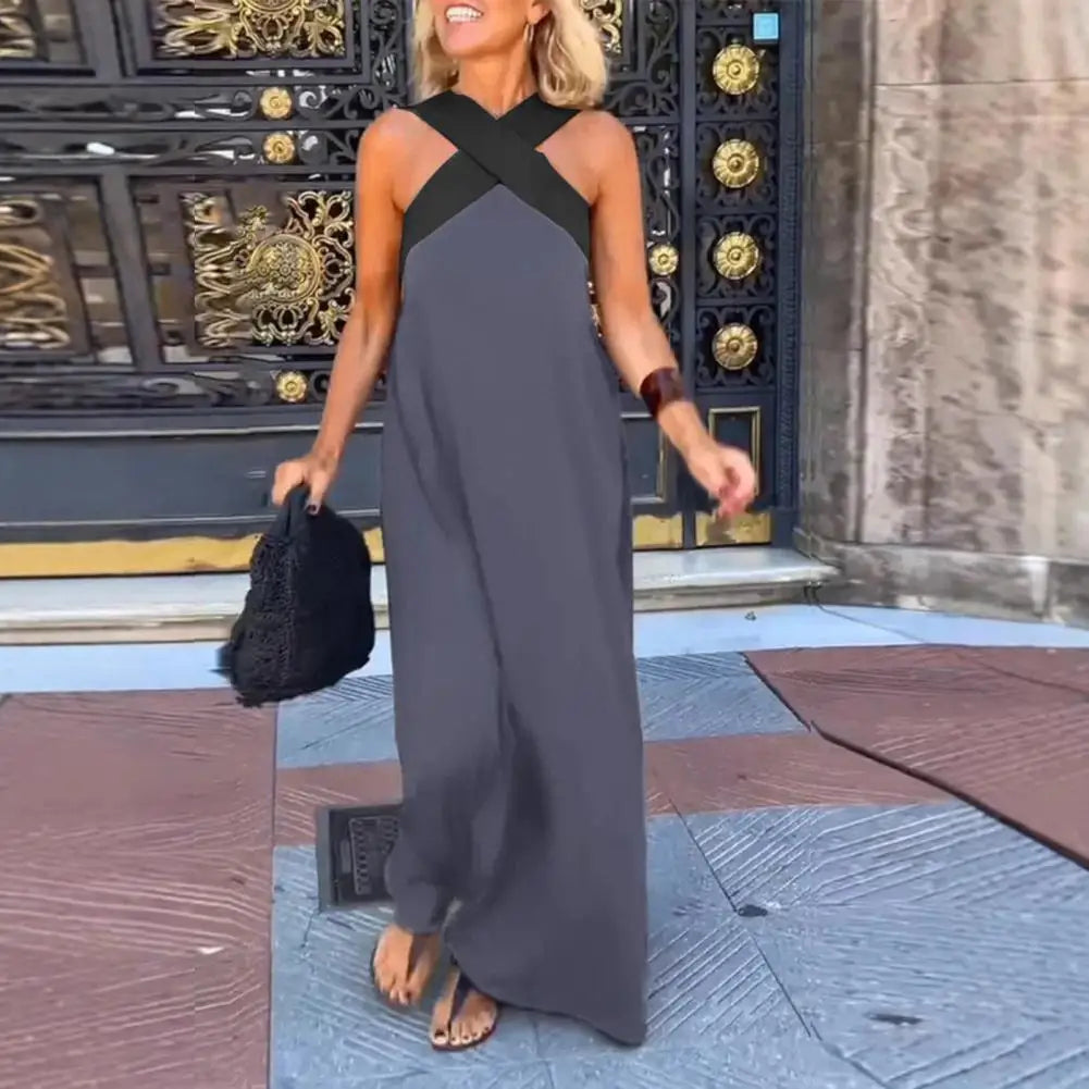Formal elegant cross neck maxi dress for women. A chic, sleeveless long dress for evening events & special occasions.