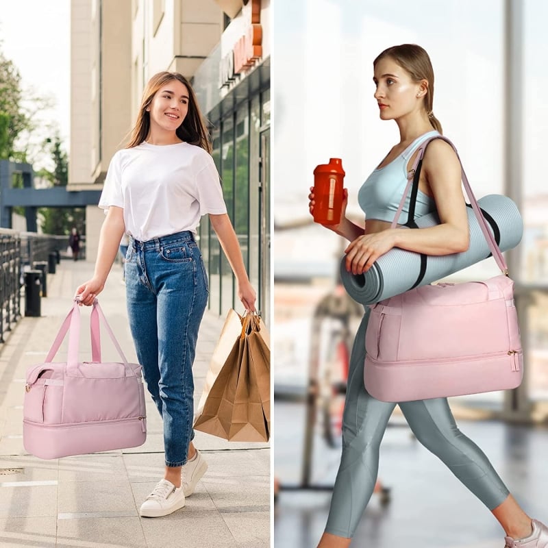 Inside view of women's spacious travel & gym tote bag, showing roomy compartments.