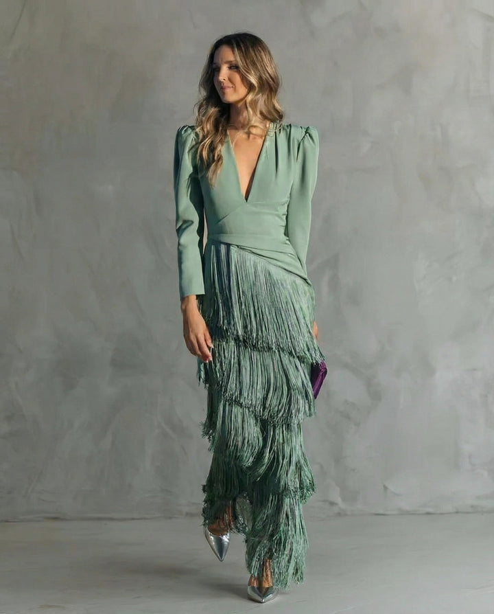 Formal women's V-neck long maxi dress, featuring a graceful flowing skirt for evening parties.