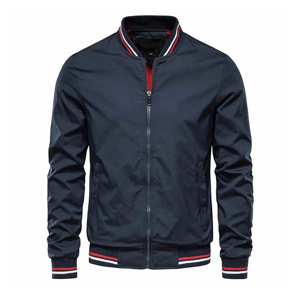 Classic men's bomber jacket with round neck, elevating casual or smart outfits. Fashionable outerwear.