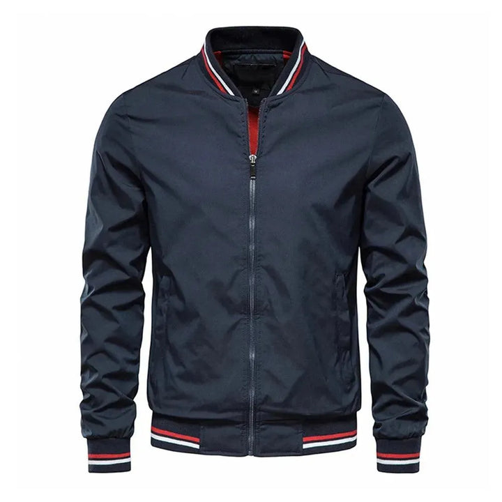 Classic men's bomber jacket with round neck, elevating casual or smart outfits. Fashionable outerwear.