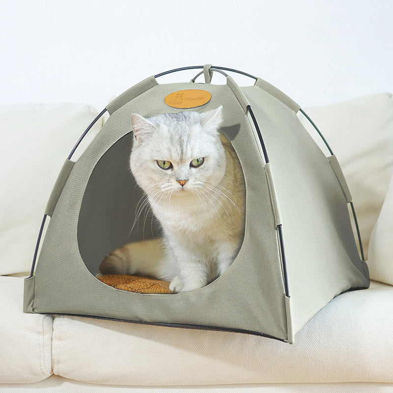 Summer cat bed tent with an integrated cooling rattan mat; easy to clean and set up for quick pet relief.