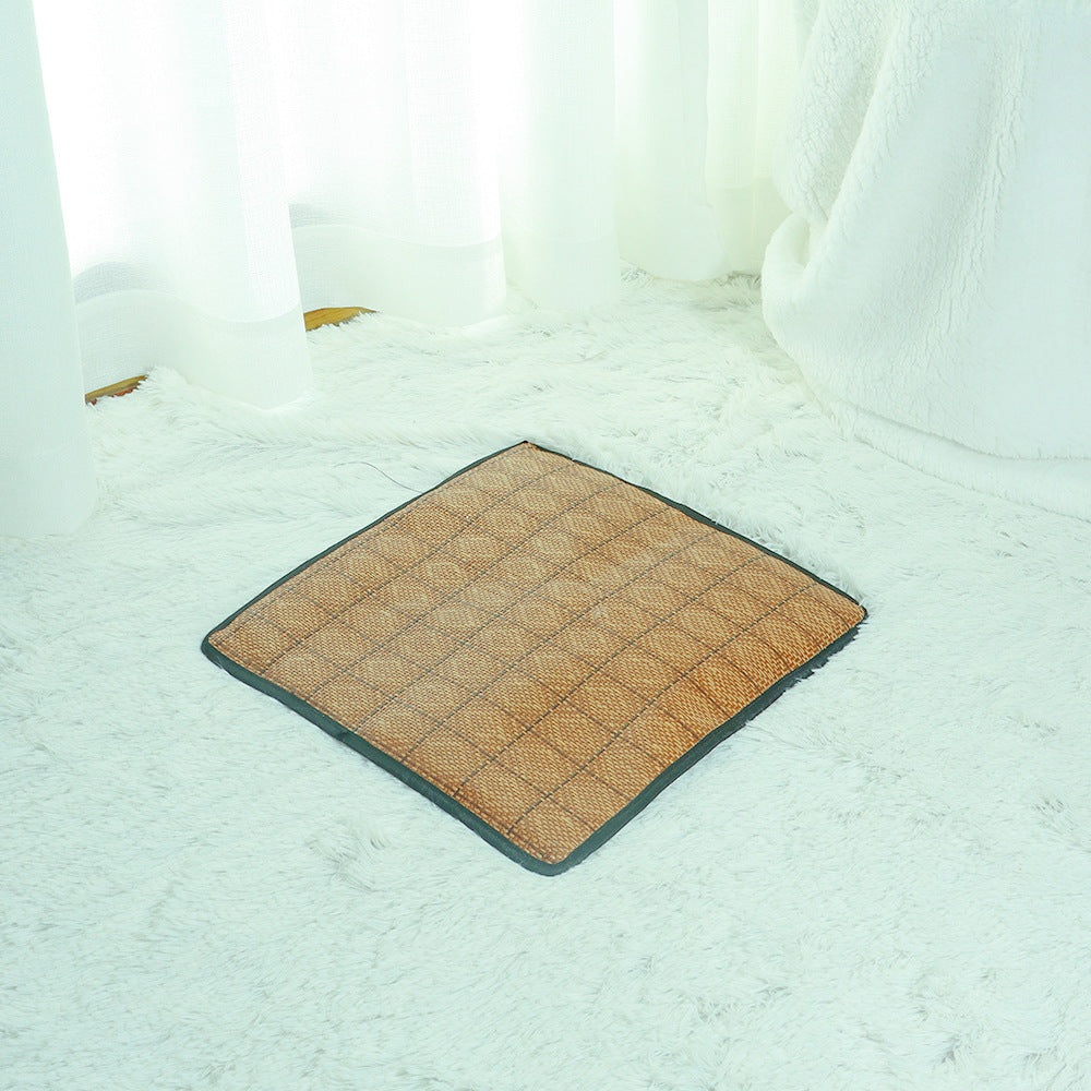 Elegant cat tent with a cooling rattan mat, a perfect addition to any home decor while providing comfort.