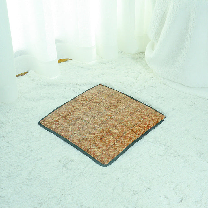 Elegant cat tent with a cooling rattan mat, a perfect addition to any home decor while providing comfort.