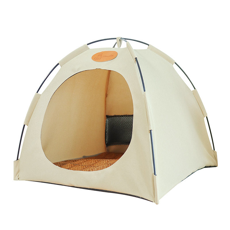 Outdoor-friendly cat cooling tent, provides shade and comfort with its rattan mat for sunny days.