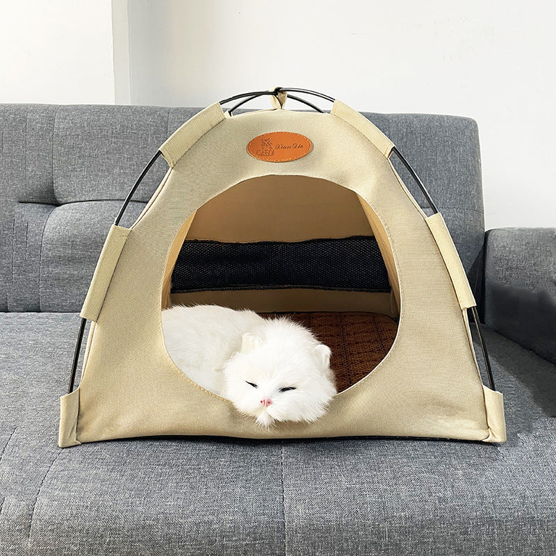 Premium pet cooling tent, ideal for indoor or outdoor use, featuring a washable rattan mat.