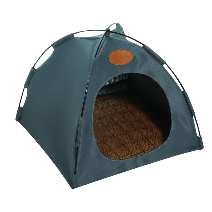 Breathable cat tent with a cooling rattan mat for superior pet comfort and relaxation in any season.