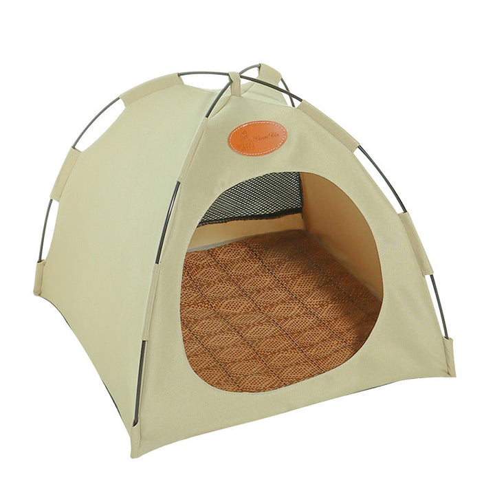 Modern cat bed tent with a natural rattan mat, designed for ultimate feline cooling and cozy napping.