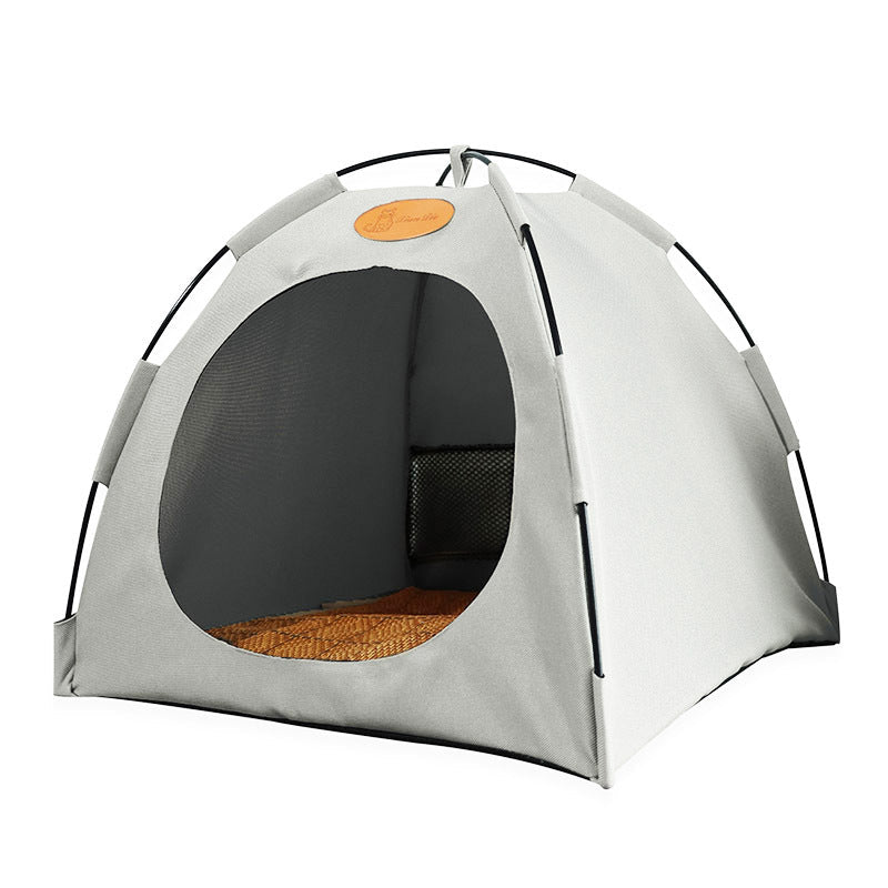 Portable cat cooling tent, an excellent feline retreat with a durable rattan mat for travel or home.