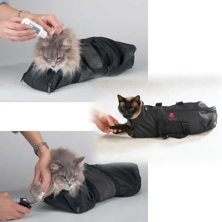 Adjustable cat restraint bag for pet care, ensuring a safe & comfortable grooming aid experience for your feline.