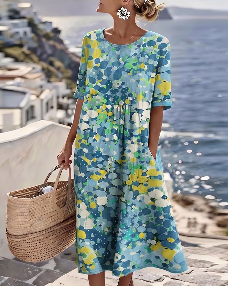 Elegant A-line floral print midi dress for women, round neck, short sleeve, perfect for summer fashion.