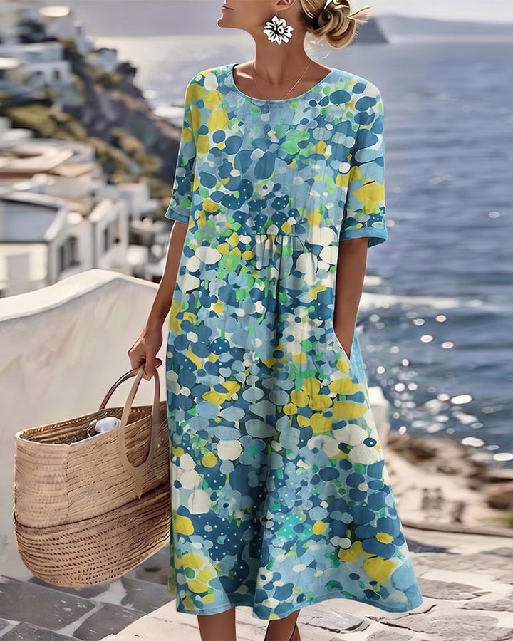 Elegant A-line floral print midi dress for women, round neck, short sleeve, perfect for summer fashion.