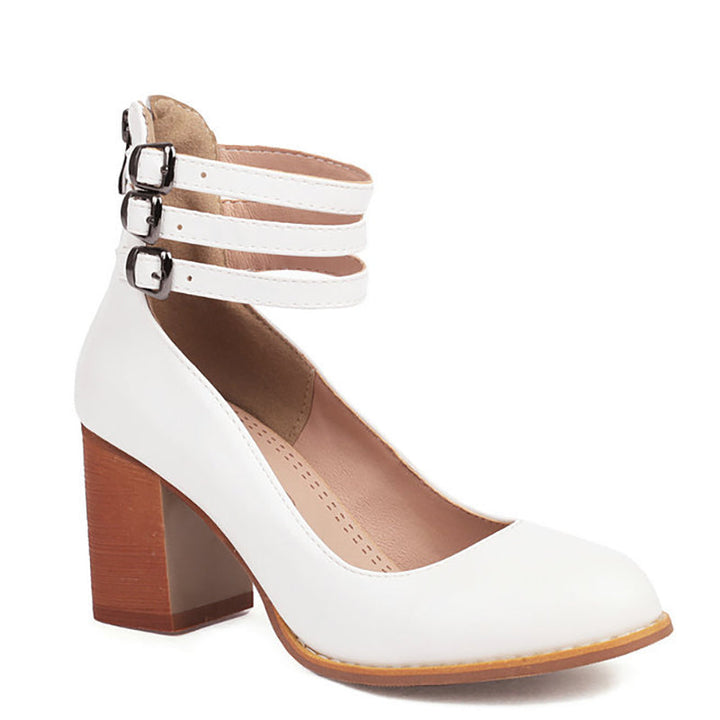 Women's dressy block heels with a supportive chunky sole and fashionable ankle strap design.