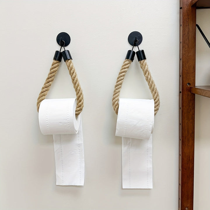Jute rope toilet paper holder for stylish bathrooms. Wall mounted rustic home organizer.