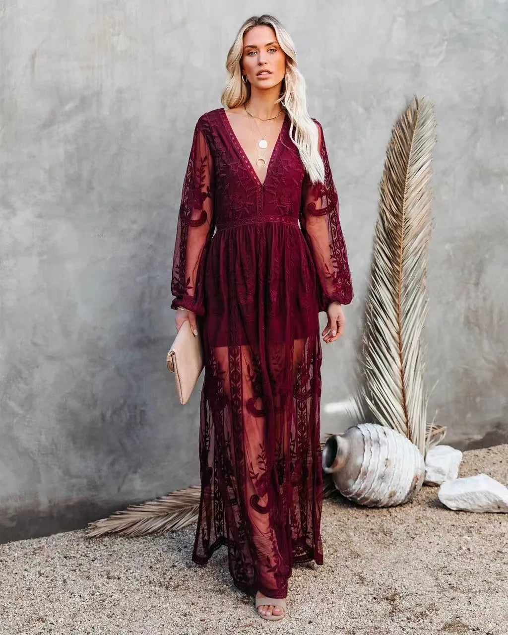 Women's elegant long sleeve maxi dress with V-neck & high slit; ideal for evening wear, parties, & formal events.