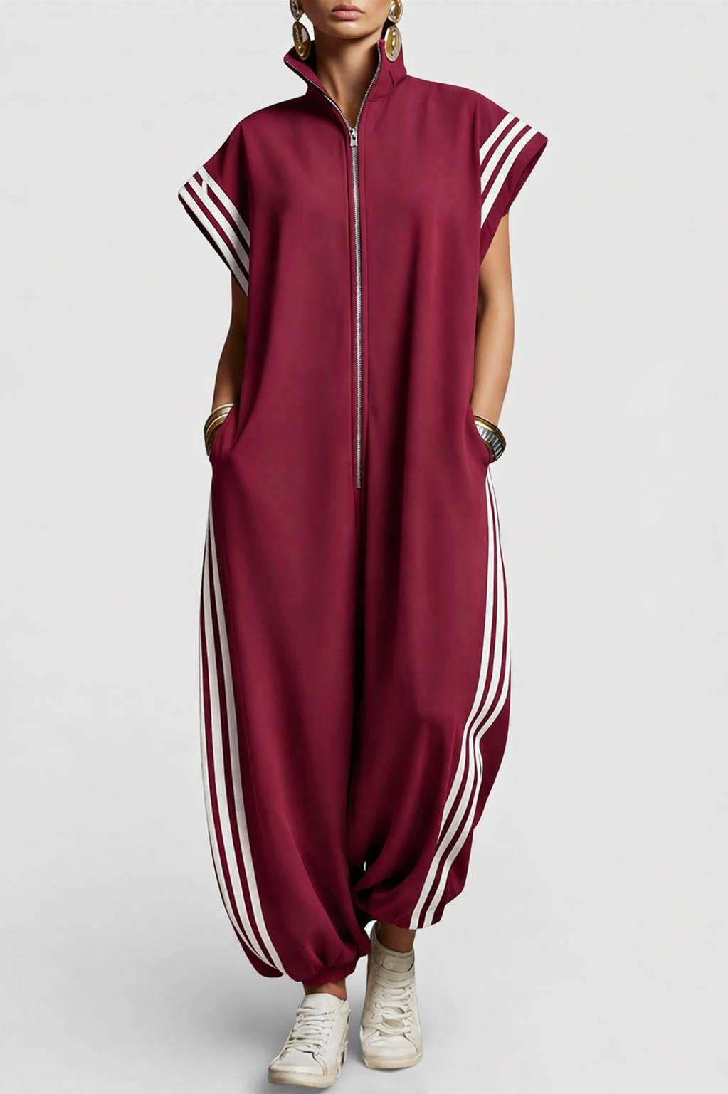 Sleeveless zip neck jumpsuit for women, a comfortable and chic one-piece outfit in classic navy blue.