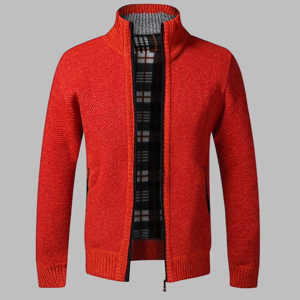 Smart men's knit zipper sweater, contemporary design for casual or semi-formal stylish men's fashion looks.