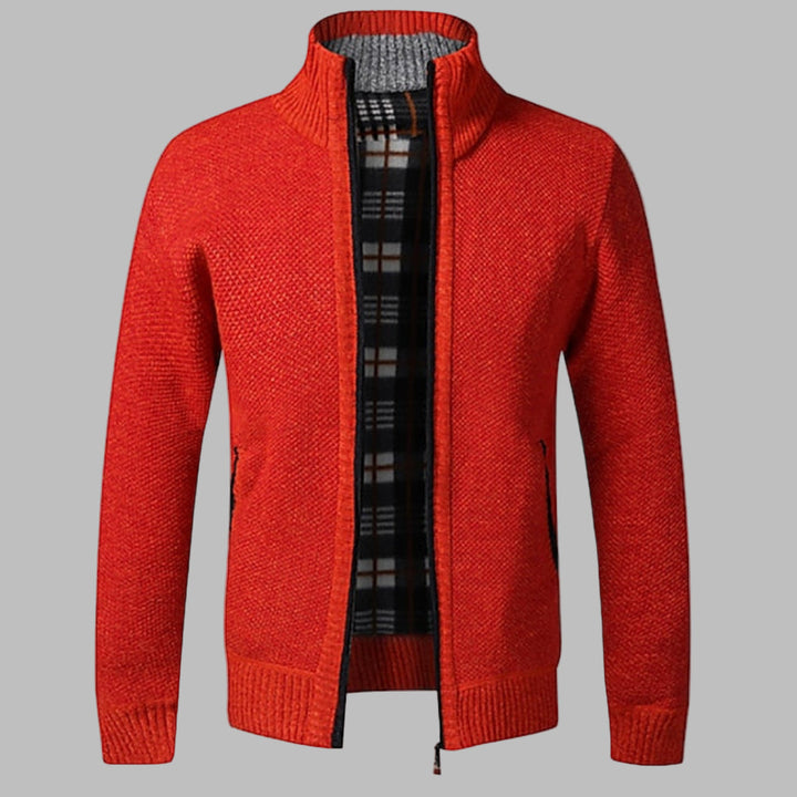 Smart men's knit zipper sweater, contemporary design for casual or semi-formal stylish men's fashion looks.