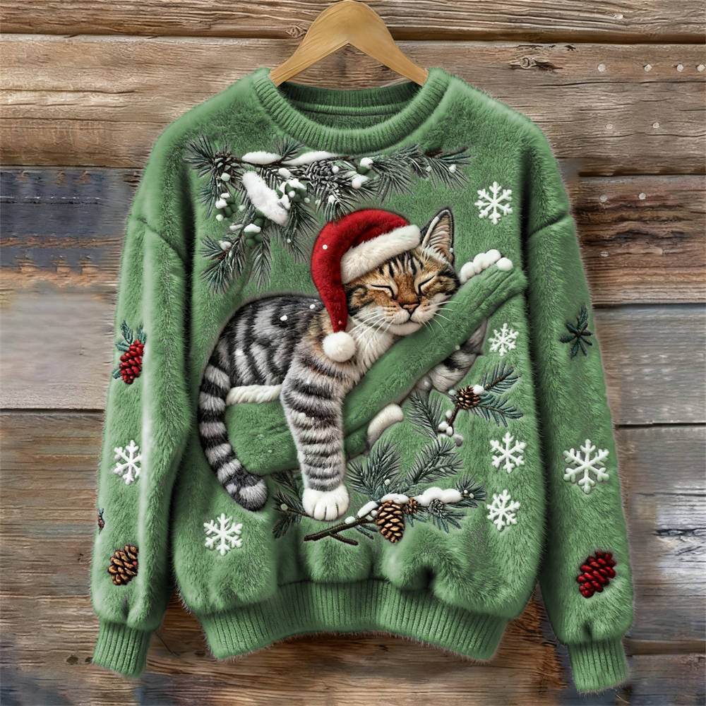 Comfortable women's festive cat print crew neck sweater, stylish and cozy for holiday fashion and winter days.