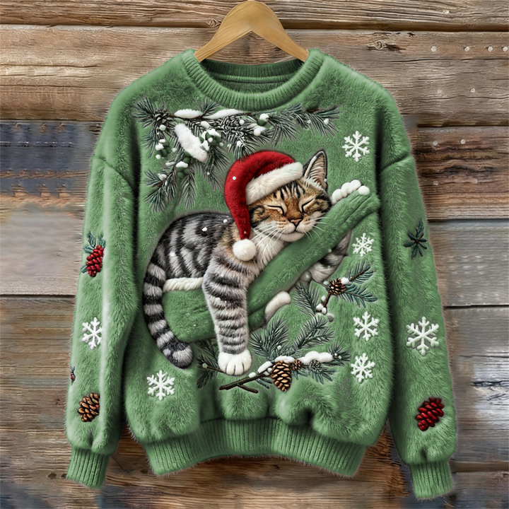 Comfortable women's festive cat print crew neck sweater, stylish and cozy for holiday fashion and winter days.