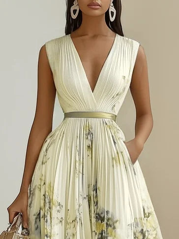 Long sleeveless V-neck dress for women, elegant design for parties, weddings & evening events.