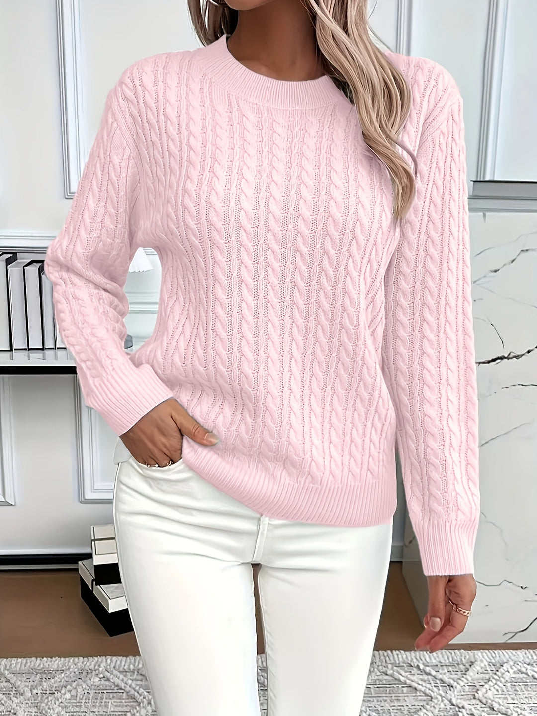 Classic style women's cable knit pullover. Cozy sweater, ideal for casual wear & winter fashion.