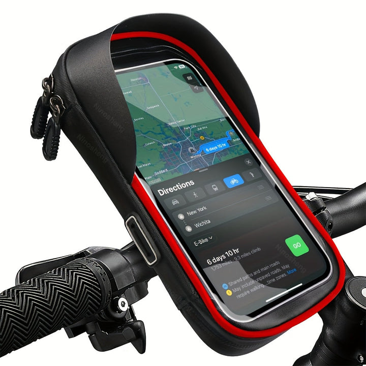 Red universal waterproof phone holder for motorcycles & bicycles. Weatherproof navigation mount.