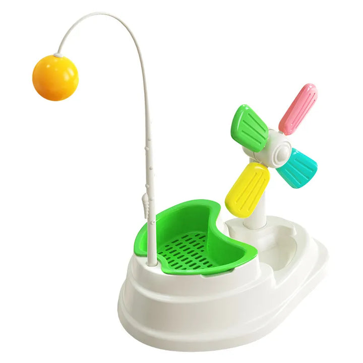 Healthy cat play with an interactive windmill toy, providing mental stimulation & exercise for an active lifestyle.