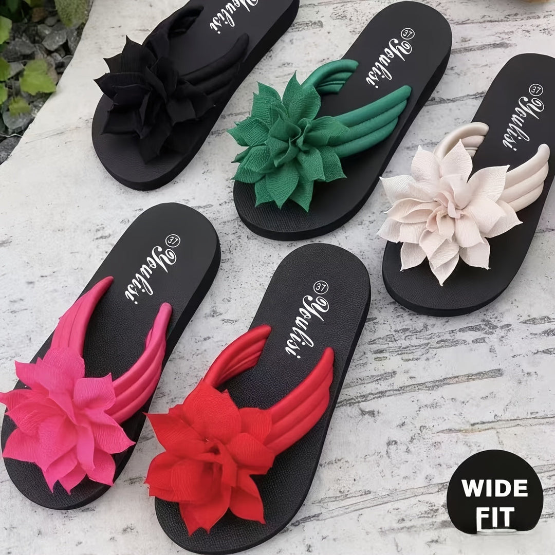 Stylish ladies' platform sandals, floral embellishment, designed for wide feet.