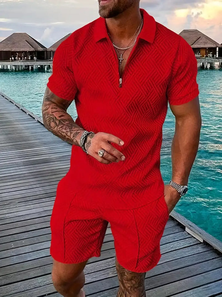 Modern men's geometric summer set with polo and shorts, perfect for a stylish warm-weather look.