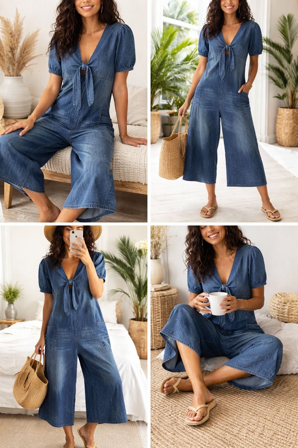 Relaxed fit dark blue women's denim jumpsuit. Sleeveless and flowy, offering ultimate comfort and chic summer style.