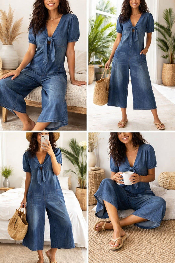 Relaxed fit dark blue women's denim jumpsuit. Sleeveless and flowy, offering ultimate comfort and chic summer style.
