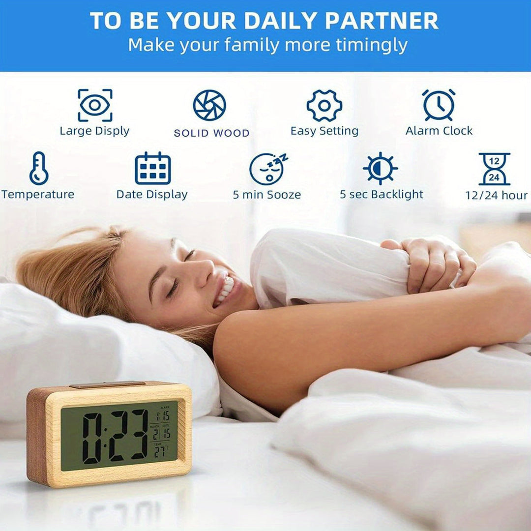 Modern wooden digital clock with LED display showing time, room temperature, and current date.
