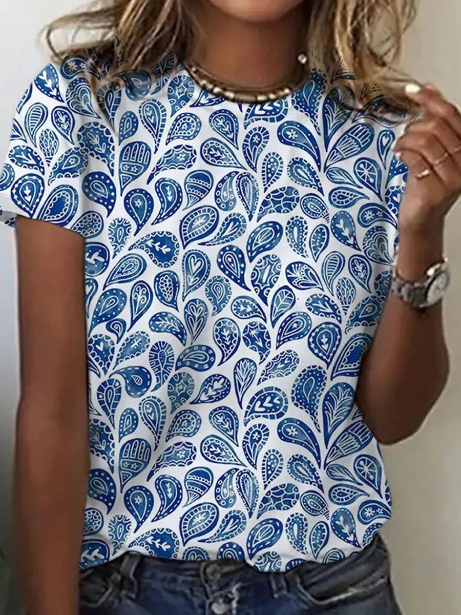 Women's paisley t-shirt, short sleeve, round neck, relaxed fit for comfortable everyday casual style.