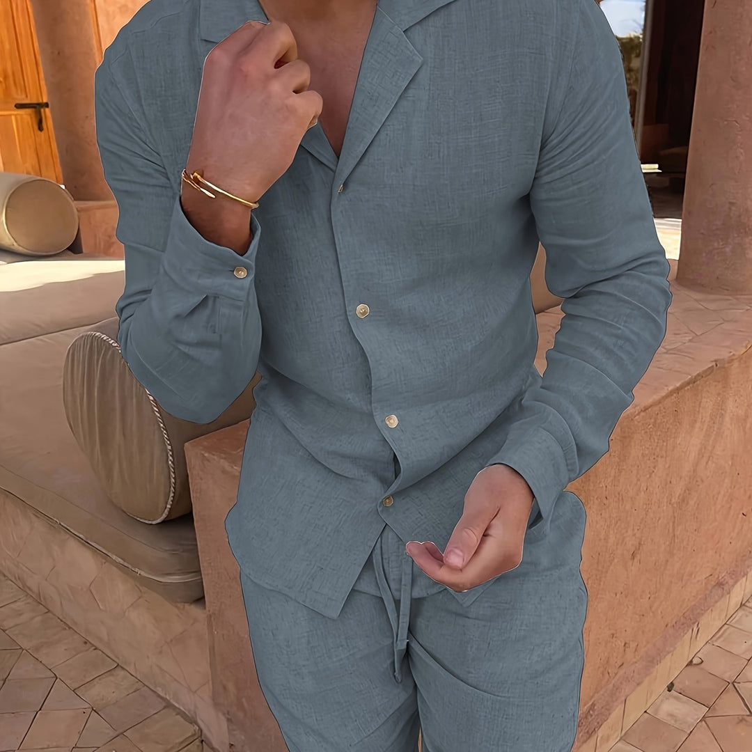 Men's camel linen blend two-piece set neatly displayed on a hanger, showcasing minimalist fashion.